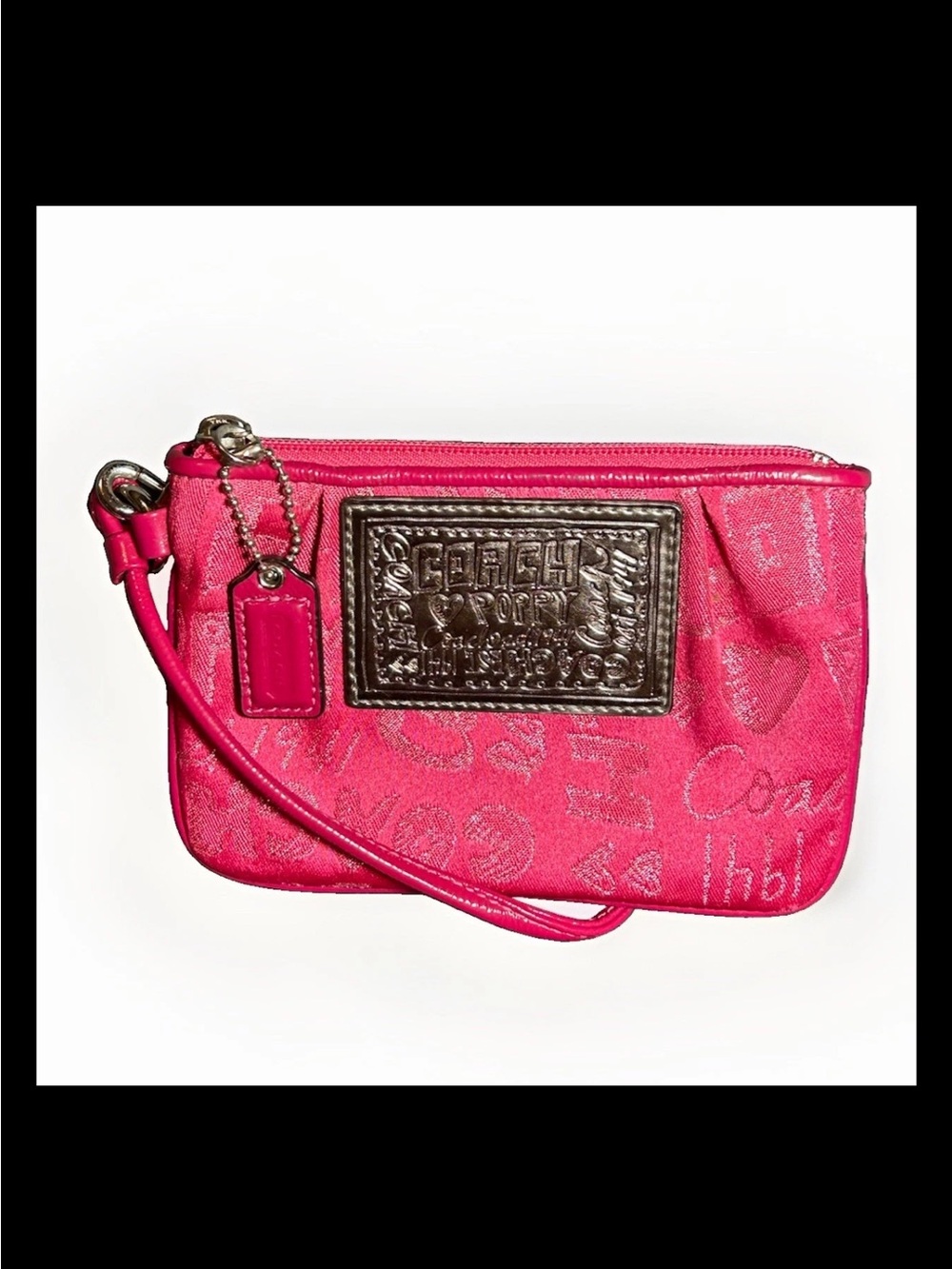 Coach Hot Pink Signature Wristlet with Metallic Plaque